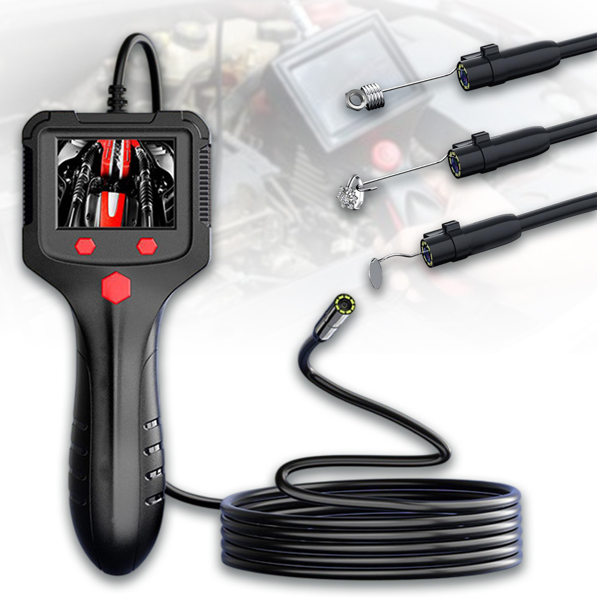 Промисловий ендоскоп на акумуляторі 2600 мАч з кабелем 5 м та екраном на 2.4 дюйми, дзеркало, гак, магніт, фото 1