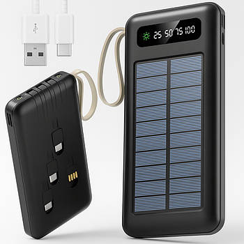 Повербанк із сонячною батареєю 10000мАч + 4 перехідники, ліхтарик / Power Bank / Павербанк для телефону / УМБ