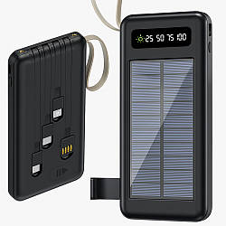 Повербанк із сонячною батареєю 10000мАч + 4 перехідники, ліхтарик, Чорний / Power Bank / Павербанк для телефону / УМБ