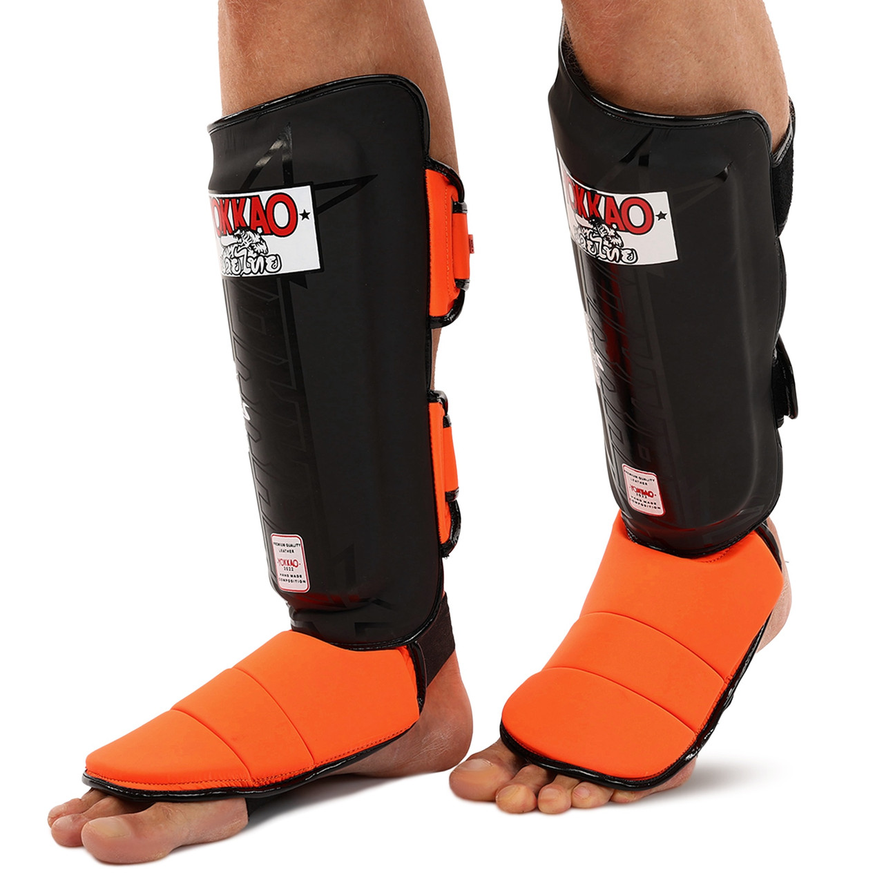 Захист гомілки та стопи шкіряний для єдиноборств захист для ніг Yokkao 5032 розмір L Black-Orange, фото 1