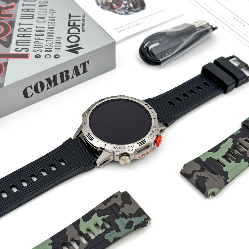 Смарт-годинник чоловічий з Amoled екраном Modfit Combat Silver Army, фото 1