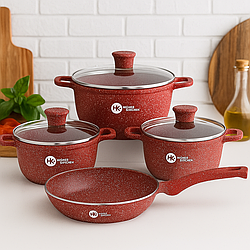 Набір каструль 3шт з скороворідкою, НК-305 / Каструлі з антипригарним покриттям / Гранітний набір посуду