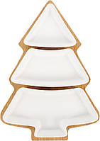 Менажниця керамічна BESTonZON на бамбуковій підставці 3 секції 27х19 см біла для закусок