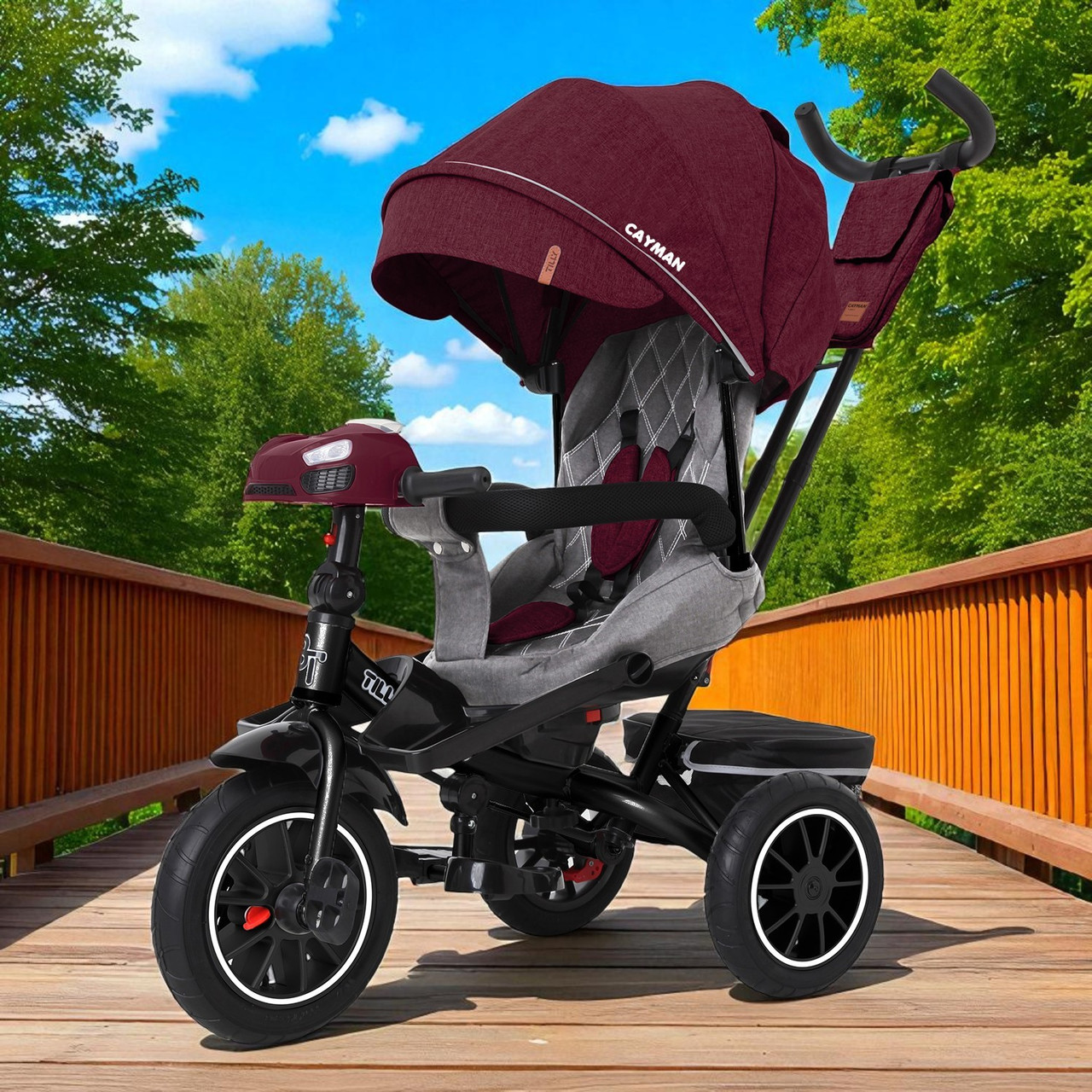 Триколісний велосипед TILLY CAYMAN T-381/7 з пультом, надувними колесами та поворотним сидінням 360° льон Червоний, фото 1