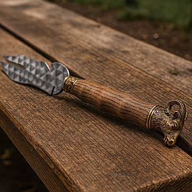 Вилка-ніж для шашлику, нержавіюча сталь AISI 430, букова ручка, бронзове лиття, товщина 3 мм