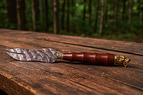 Вилка-ніж для шашлику, нержавіюча сталь AISI 430, букова ручка, бронзове лиття, товщина 3 мм