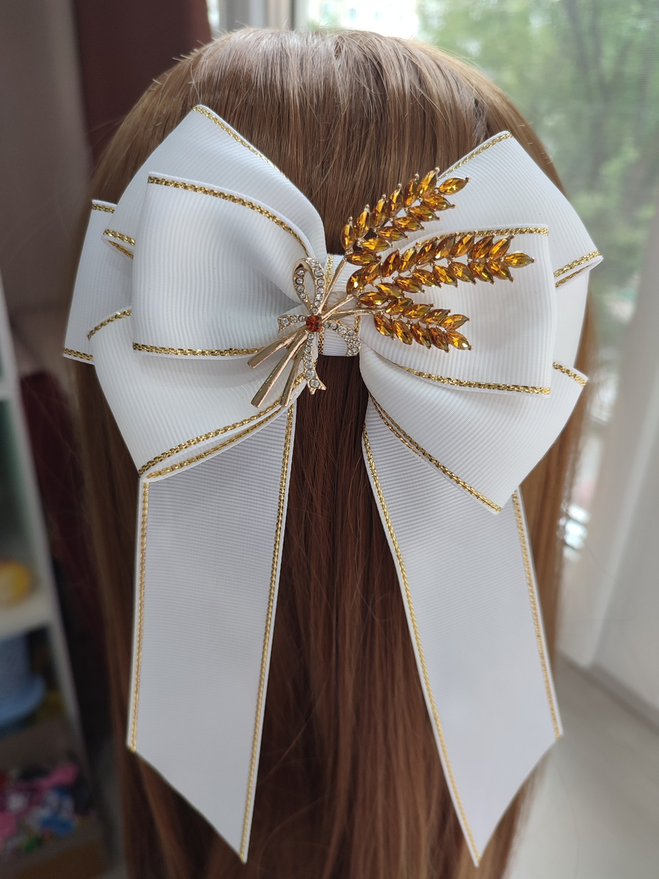 Бант шкільний з колоском Великий білий Бантик великий школьний заколка резинка колосок Бант в школу, фото 1