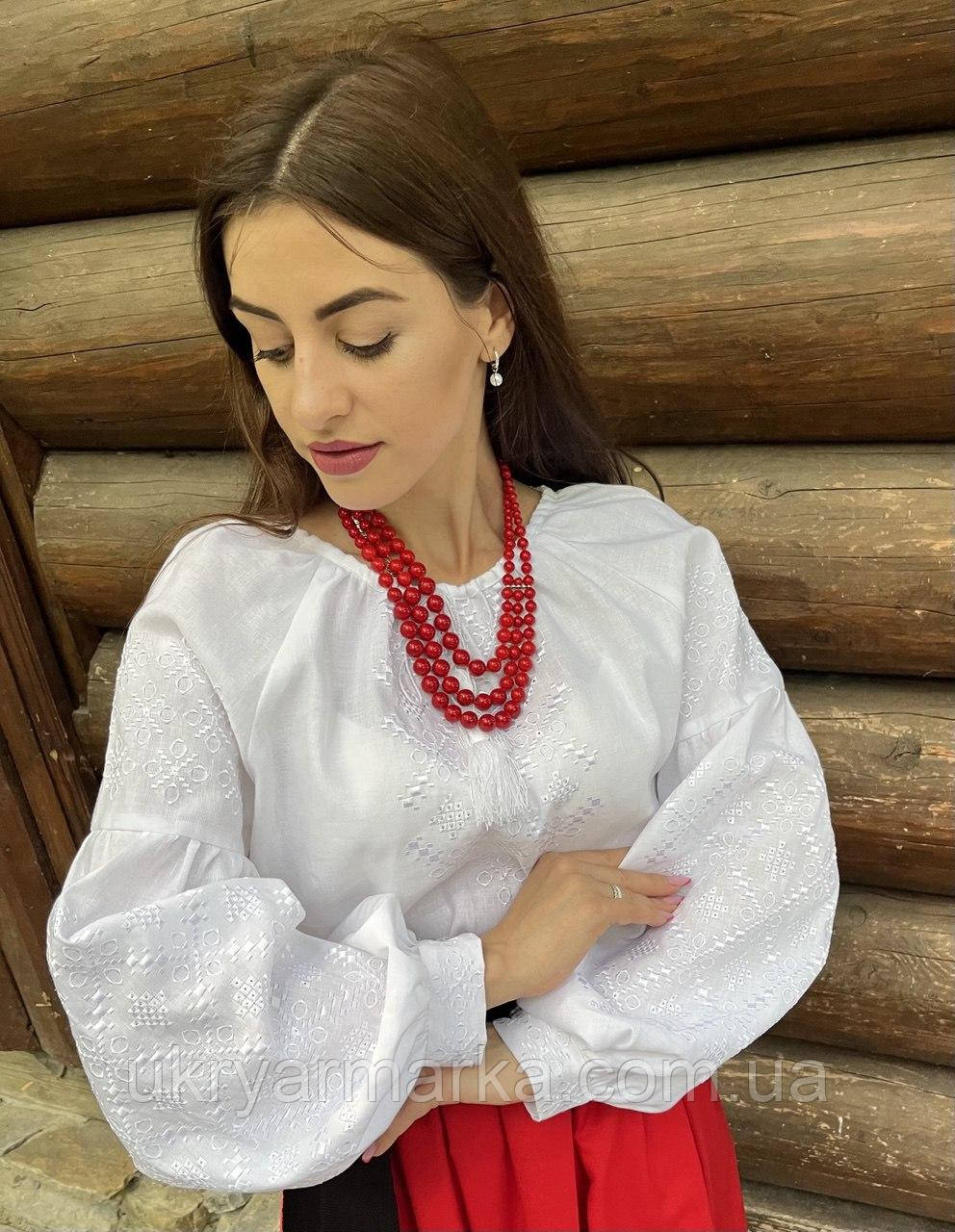 Біла лляна жіноча вишиванка з білою вишивкою "Тиха велич"