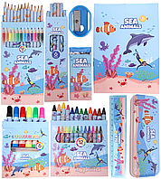 Творчий набір для малювання з пеналом, олівцями та маркерами, стиль Морська тематика, для дітей