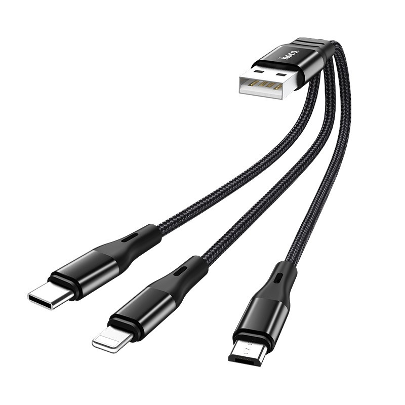 Кабель HOCO X47 USB to iP+Type-C+Micro 2.4A, 0.25m, nylon, aluminum connectors, Black, фото 1