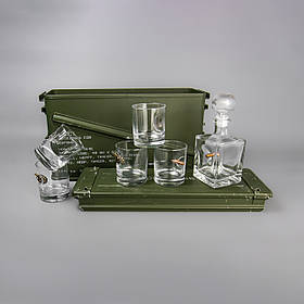 Набір для віскі в подарунковій коробці 5 склянок (вставки: куля, герб, лимонка) + графин