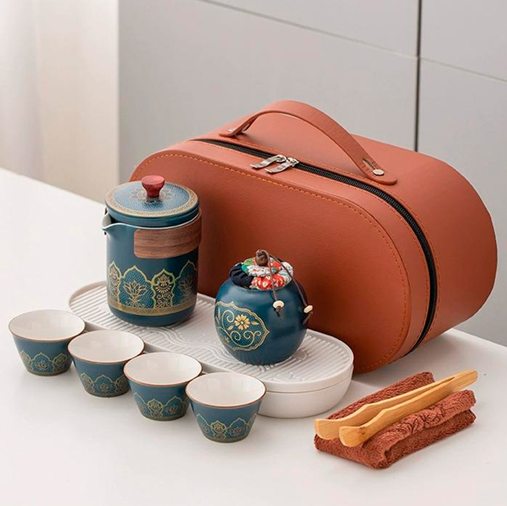 Набір для Чайної церемонії на 4 персони у кейсі (10 предметів) Темно-синій з принтом