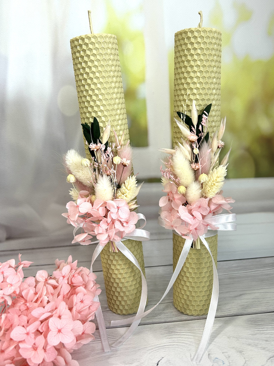 Подарунковий набір свічок із вощини з декором на весілля, вінчання, причастя, 2шт./набір, фото 1