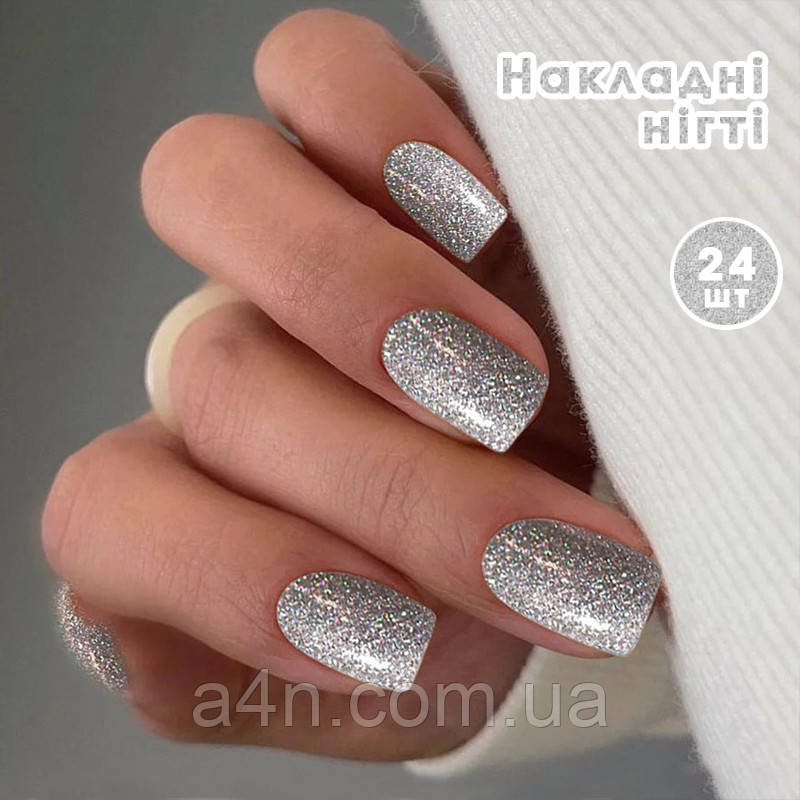 Накладні нігті 24 шт. світловідбиваючі + клей або клейові стики для нігтів, квадрат для манікюру, фото 1