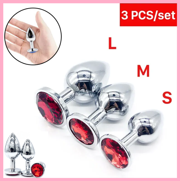 Набір пробок із Червоним каменем 3 шт, Конусні пробки з металу різного розміру та діаметру, Інтимні іграшки, фото 1