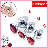 Набір пробок із Червоним каменем 3 шт, Конусні пробки з металу різного розміру та діаметру, Інтимні іграшки