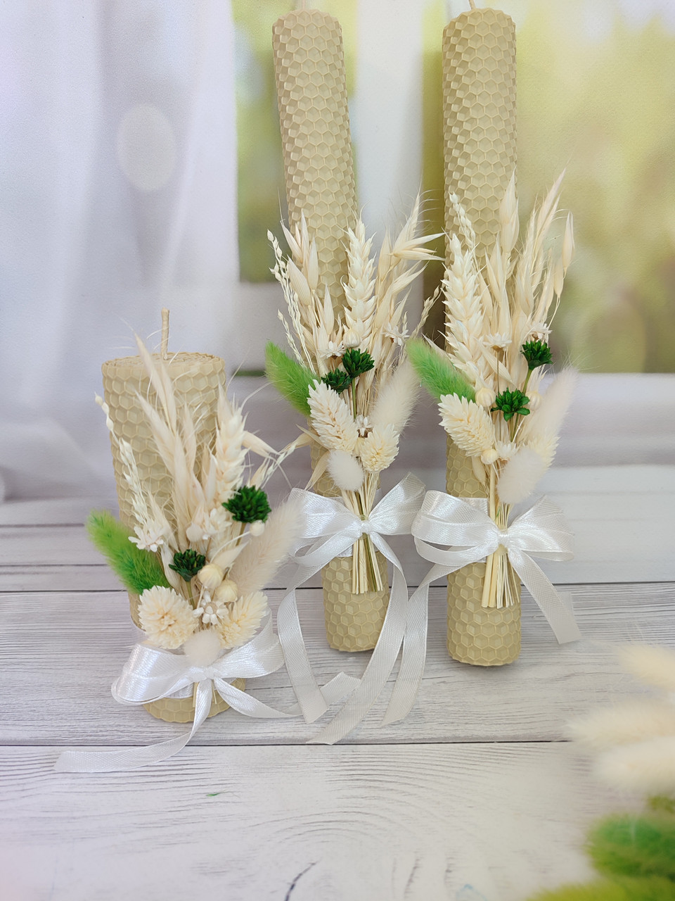 Подарунковий набір свічок із вощини з декором "Сімейне вогнище", 3шт./набір, фото 1