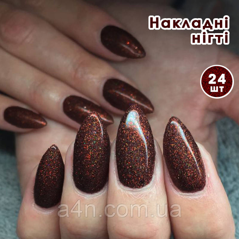 Накладні нігті 24 шт. світловідбиваючі + клей або клейові стики для нігтів, мигдаль для манікюру, фото 1