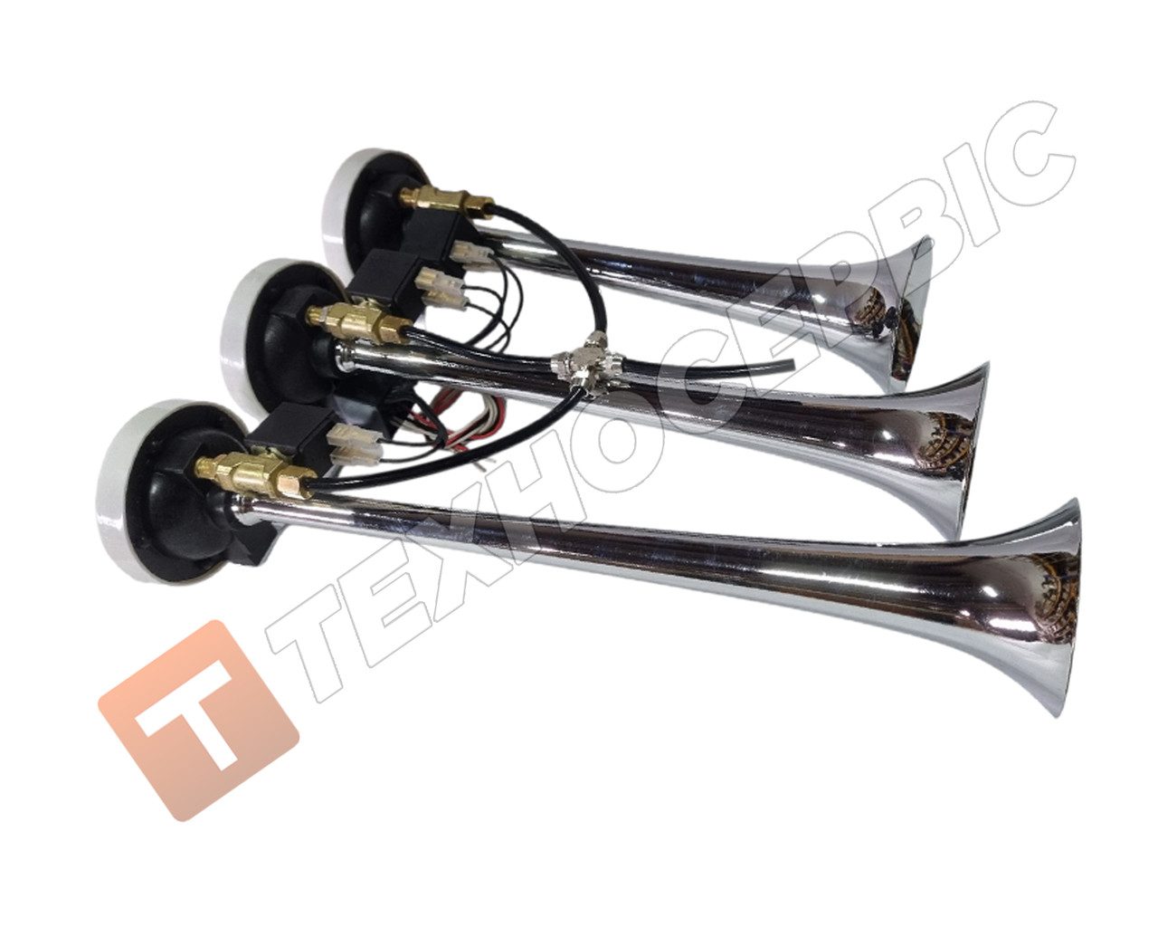 Сигнал пневмо-електричний 12-24v на три горни в корпусі хром, фото 1