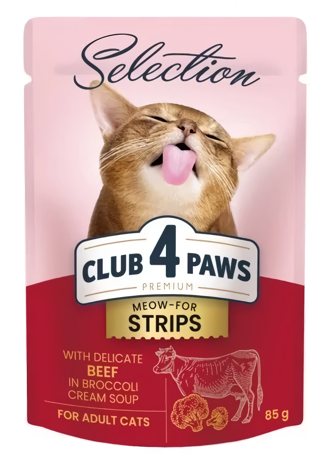 Консервований корм для дорослих котів CLUB 4 PAWS (Клуб 4 Лапи) Selection Смужки з яловичини в крем-супі з брокколі, 85 г