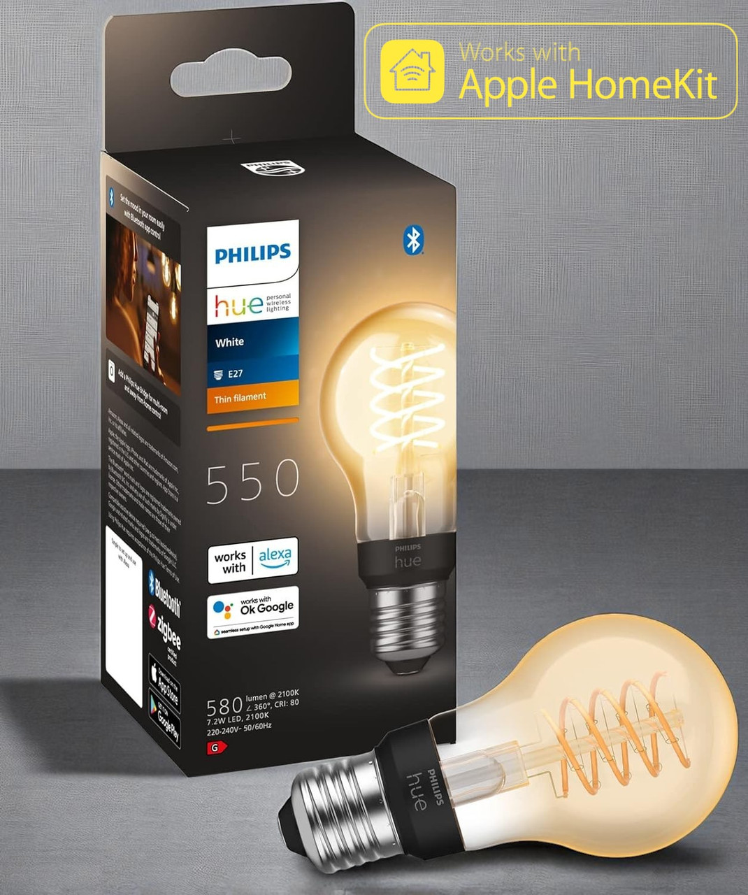 Розумна LED-лампочка Philips Hue E27 White A60 Retro 7W, ZigBee, Bluetooth, Apple HomeKit, фото 1