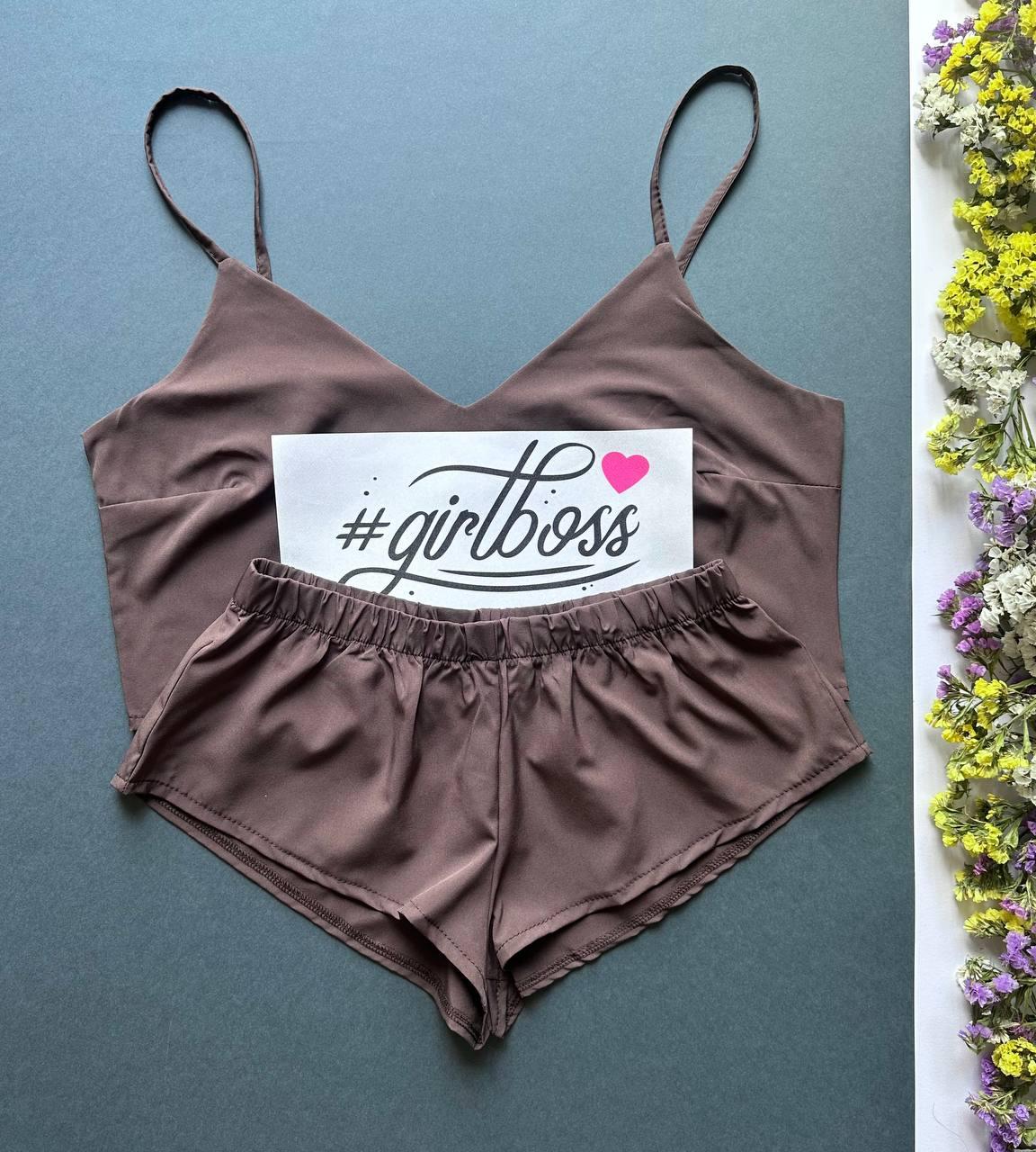 Коричневий комплект із малюнком майка-топ + шорти 094-29, молодіжний літній одяг.