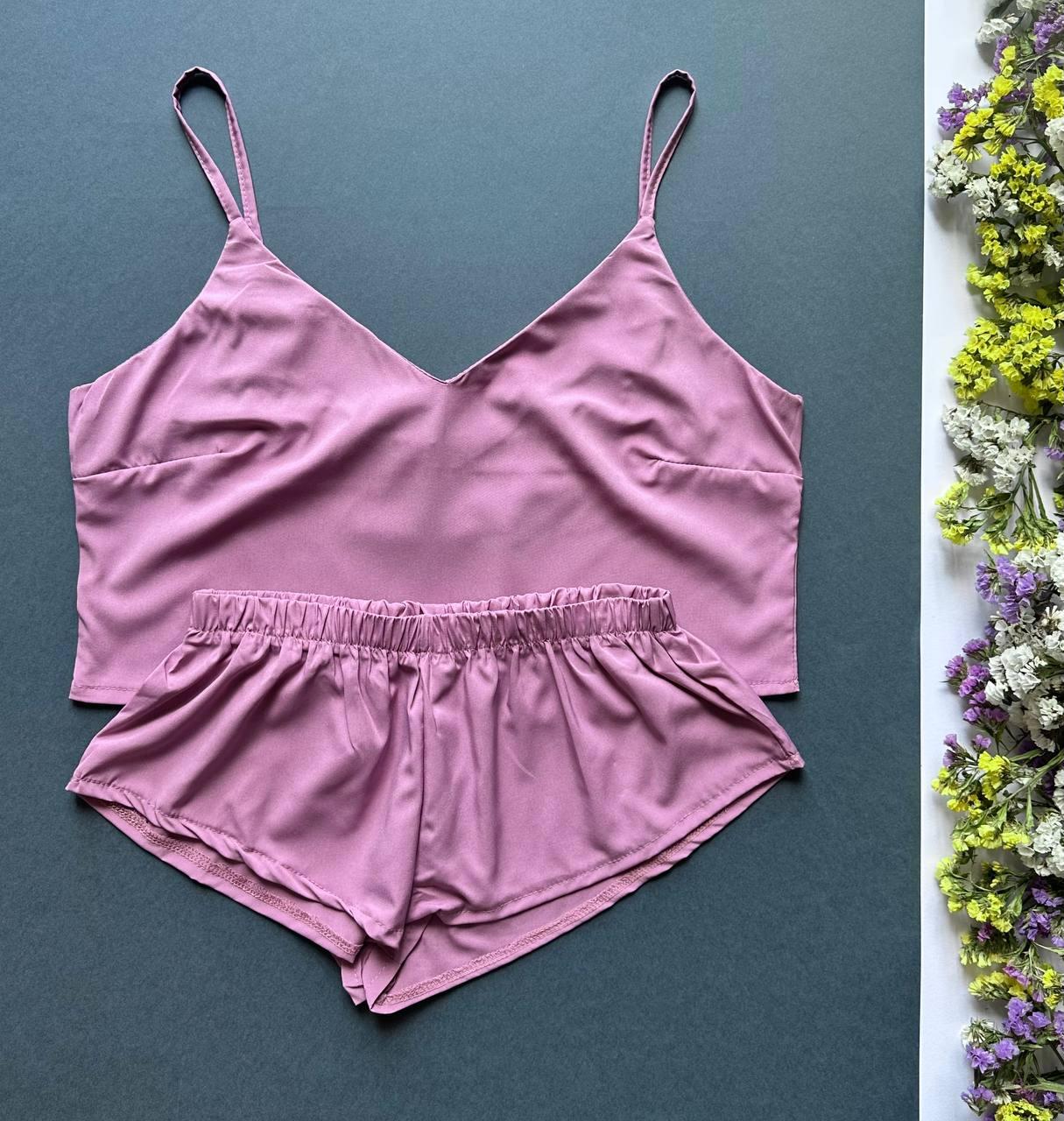 Комплект майка-топ + шорти, однотонна літня піжама жіноча.