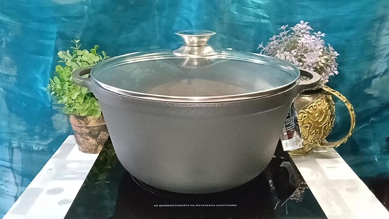 Чавунна емальована каструля зі скляною кришкою. Обсяг 5,5 літра, 260х130 мм, фото 1