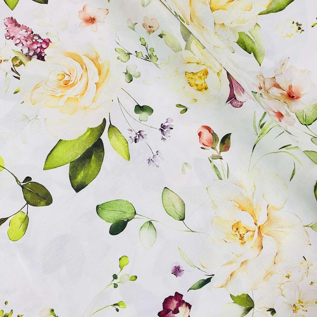 Тканина поплін DIGITAL квітковий принт на білому (ТУРЦІЯ шир. 2,4 м) (R-N-0863), фото 1