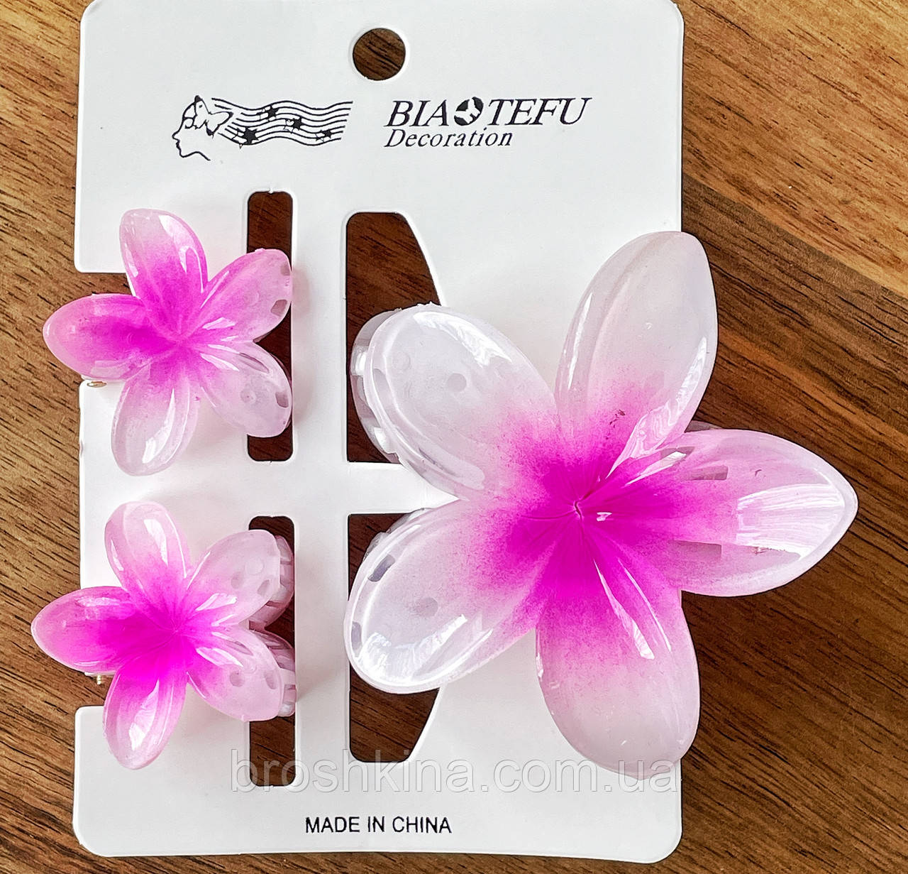 Краби для волосся пластик 8*8 , 4*4 см 12 наб/уп ГАВАЙСЬКА КВІТКА РОЖЕВІ, фото 1