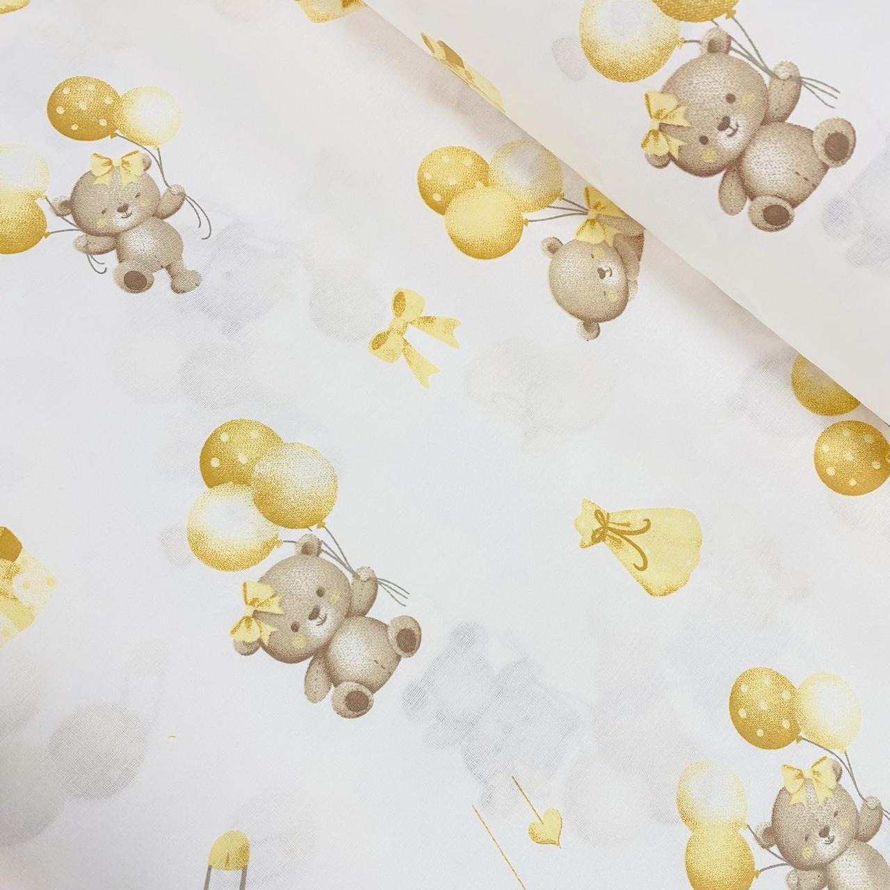 Тканина поплін коричневі ведмедики з бантиками з жовтими кульками на білому (ТУРЦІЯ шир. 2,4 м) (R-FR-0867), фото 1