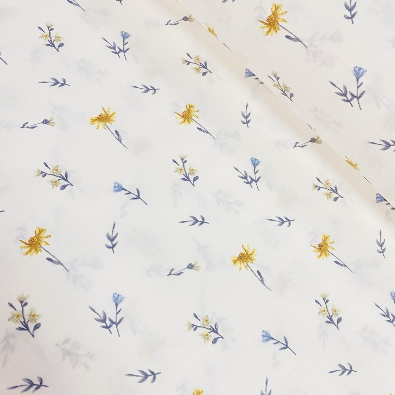 Тканина поплін дрібні жовті та блакитні квіточки на білому (ТУРЦІЯ шир. 2,4 м) (R-FR-0868), фото 1