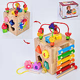Дерев'яна іграшка Центр розвивальний MD 0821, куб, лабіринт на дроті, сортер, ксилофон, шнурівка, фото 3