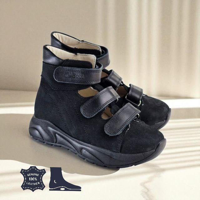 Дитячі чорні шкіряні ортопедичні кросівки на хлопчика на липучках 34 розмір, фото 1