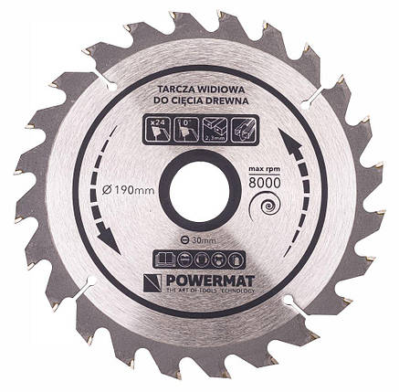Диск пиляльний універсальний 190x30x24Z Powermat TDD-190x30x24Z круг для циркулярної пилки по дереву, фото 1