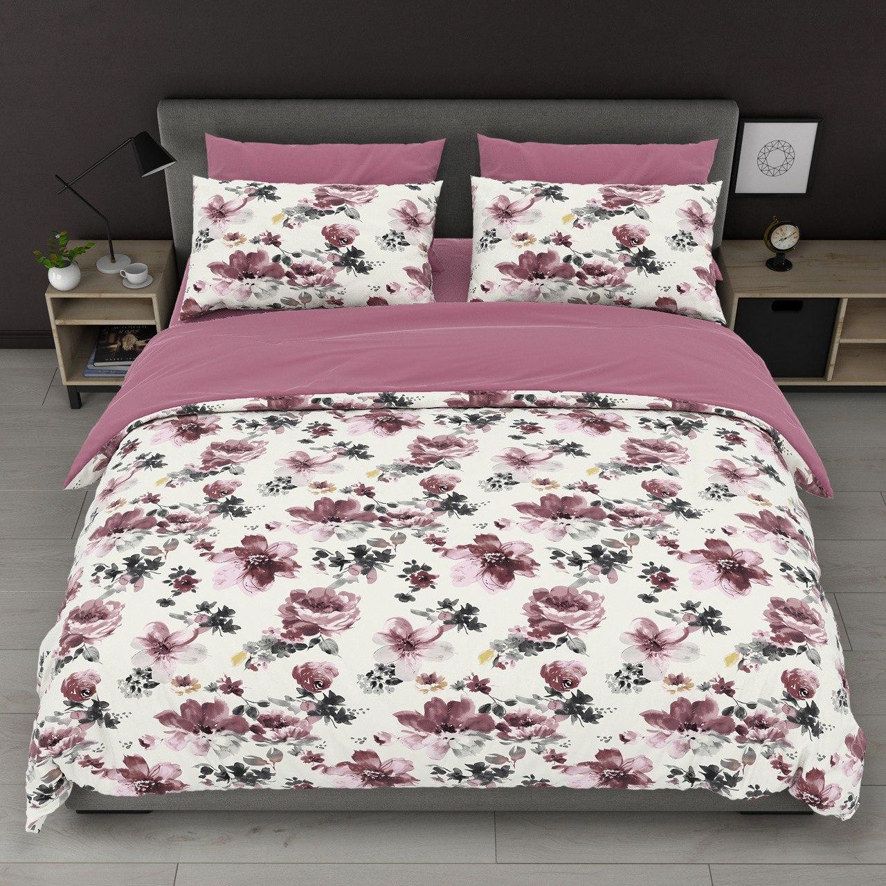 Наволочка на блискавці 70х70 (Бязь) | Від виробника "Королева Ночі" | Квіти на світлому та бордовому, фото 1