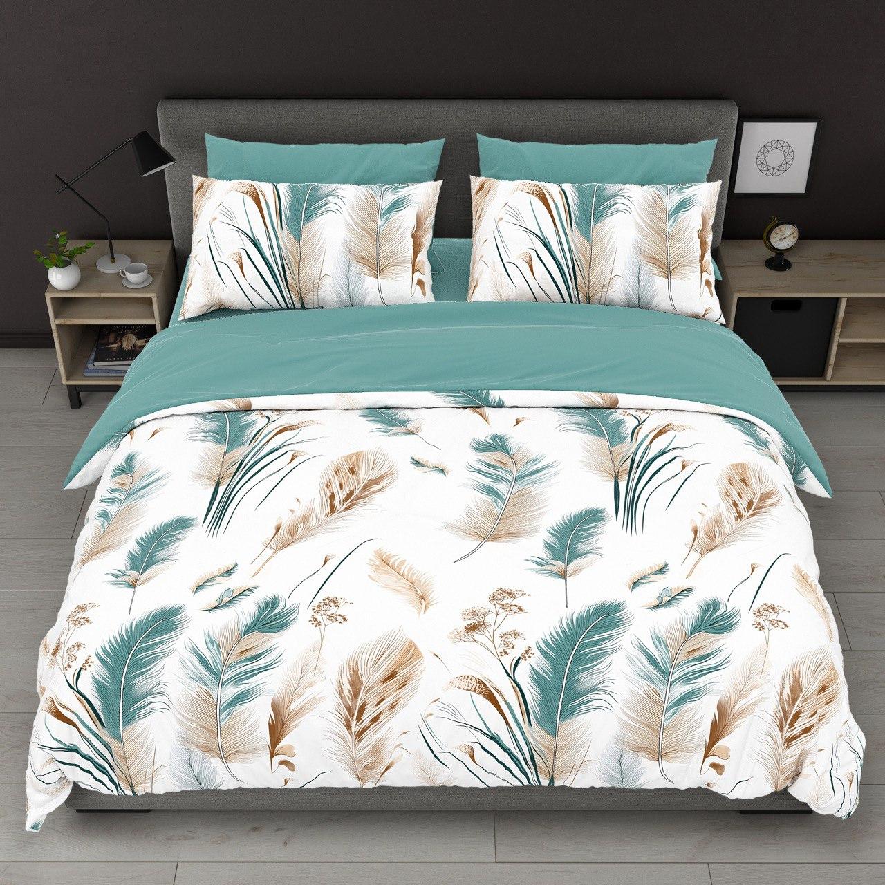 Підковдра на блискавці 145х215 (Бязь) | Полуторна підковдра від виробника "Королева Ночі" | Пір'я на білому та бірюзовому, фото 1