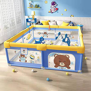 Дитячий ігровий манеж Lumpurini Tibaldo M синьо-жовтий з дверцятами на блискавці та кишенею для іграшок