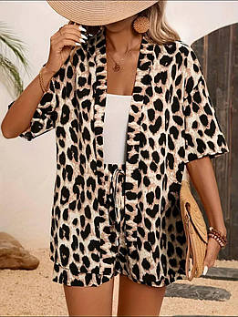 Костюм жіночий літній із софту з леопардовим принтом сорочка і шорти (Норма та напівбатал)