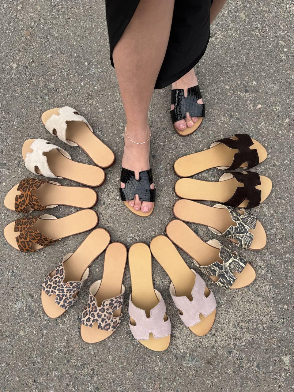 Жіночі шкіряні шльопанці відкриті на низькому ходу HM-0506, фото 1