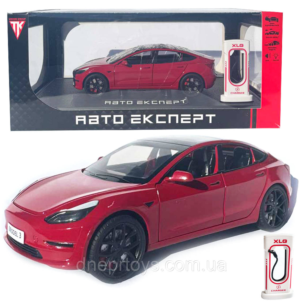 Машинка метал Tesla model 3 червона Тесла 1:24 відкр двері баг капот звук світло 18,5*6*8,5см (EL-94022), фото 1