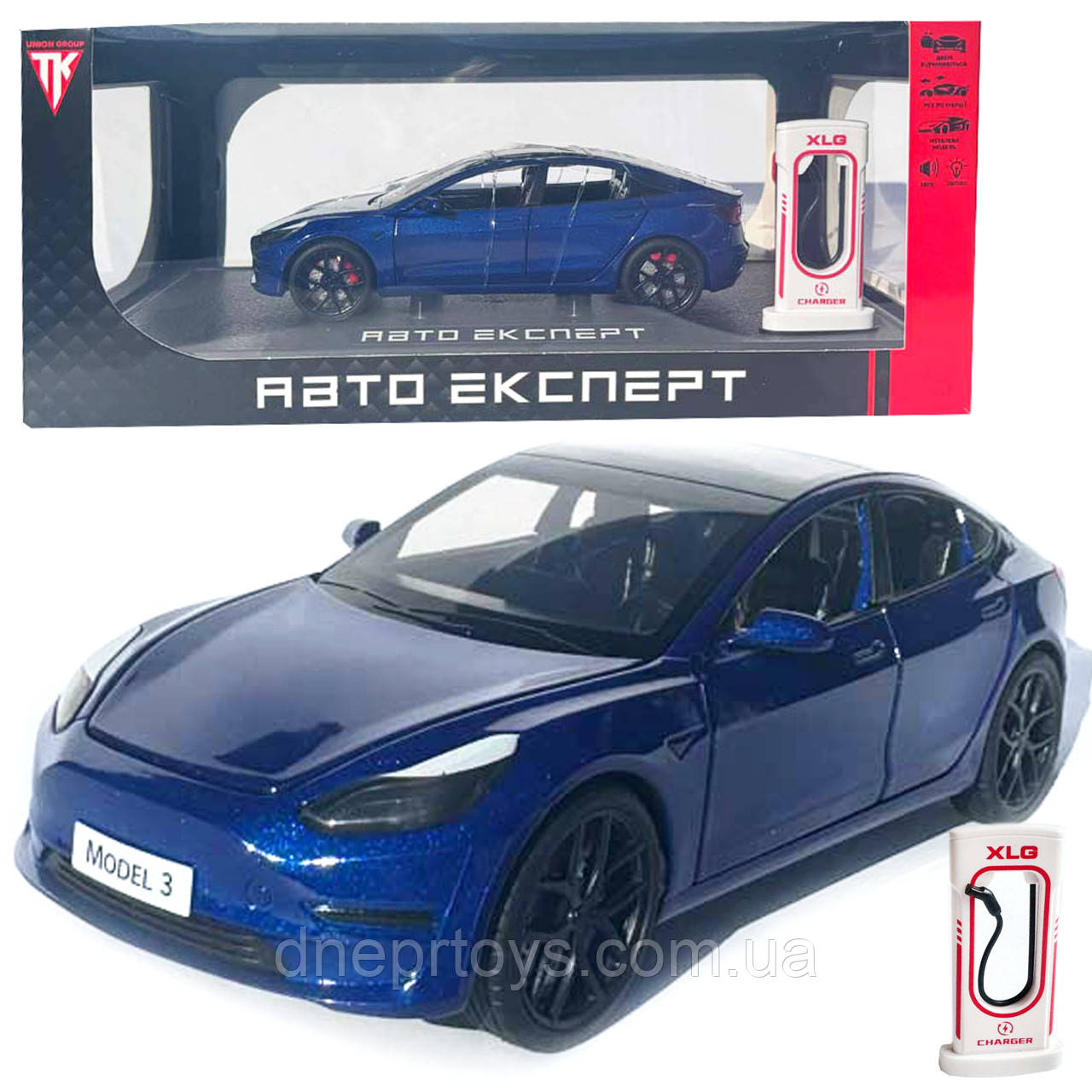 Машинка метал Tesla model 3 синя Тесла 1:24 відкр двері баг капот звук світло 18,5*6*8,5см (EL-94022), фото 1