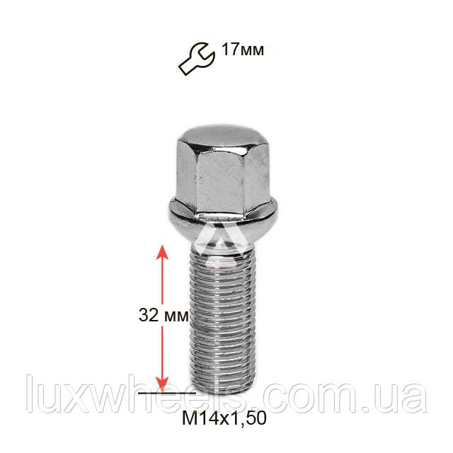 Болт колісний A184125 Cr M14х1,5х32м Сфера Хром Ключ 17, фото 1