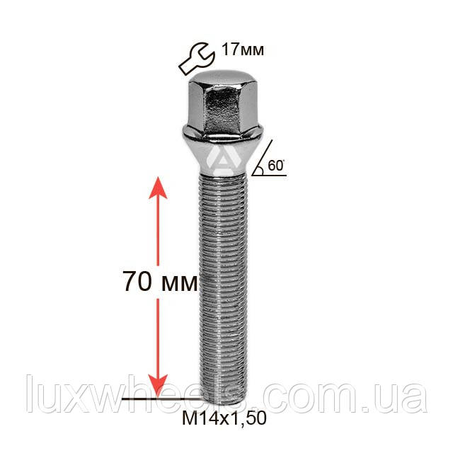 Болт колісний A174275 Cr M14х1,5х70мм Конус Хром Ключ 17, фото 1