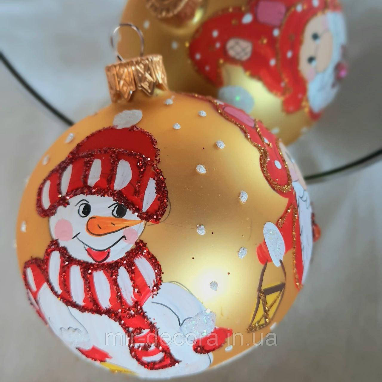 Новорічна ялинкова куля зі скла 80 мм, подарунок "Гном і сніговик", фото 1
