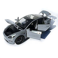 Машинка металева Tesla Model 3 Электромобиль Тесла Модель 3 сіра 1:24 зарядна станція звук світло відч двері 18,5*6*8,5 см (EL, фото 4