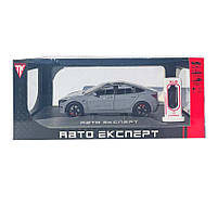Машинка металева Tesla Model 3 Электромобиль Тесла Модель 3 сіра 1:24 зарядна станція звук світло відч двері 18,5*6*8,5 см (EL, фото 8