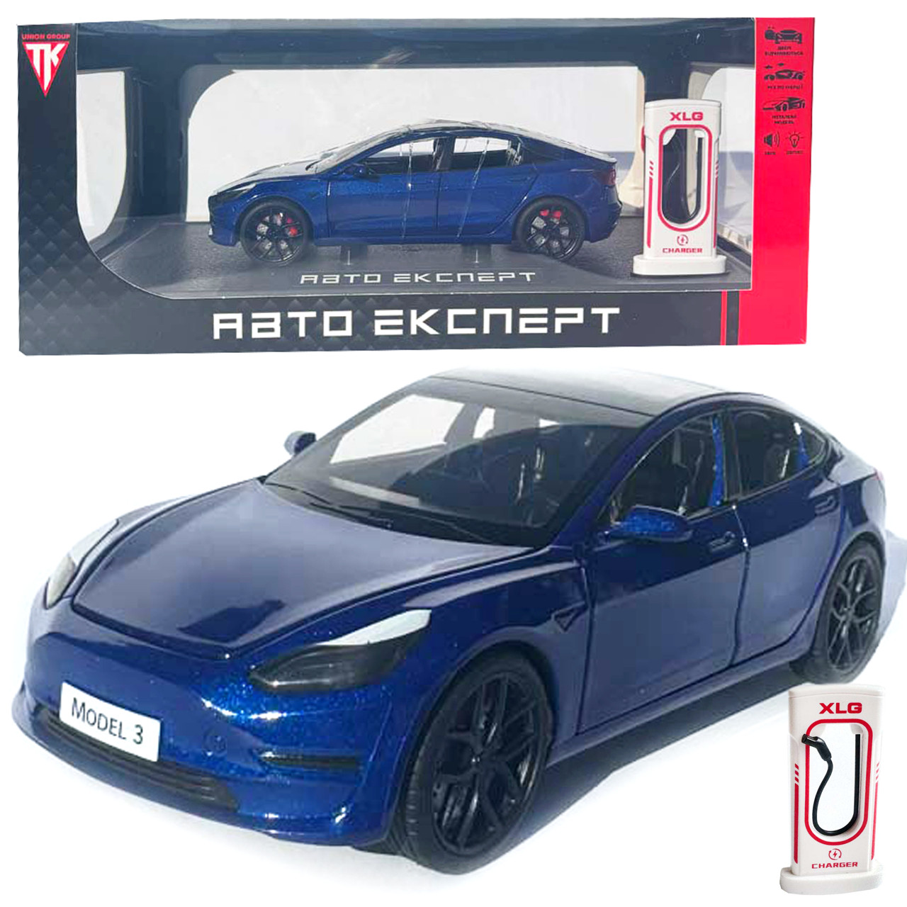 Машинка метал Tesla model 3 синя Тесла 1:24 відкр двері баг капот звук світло 18,5*6*8,5см (EL-94022), фото 1