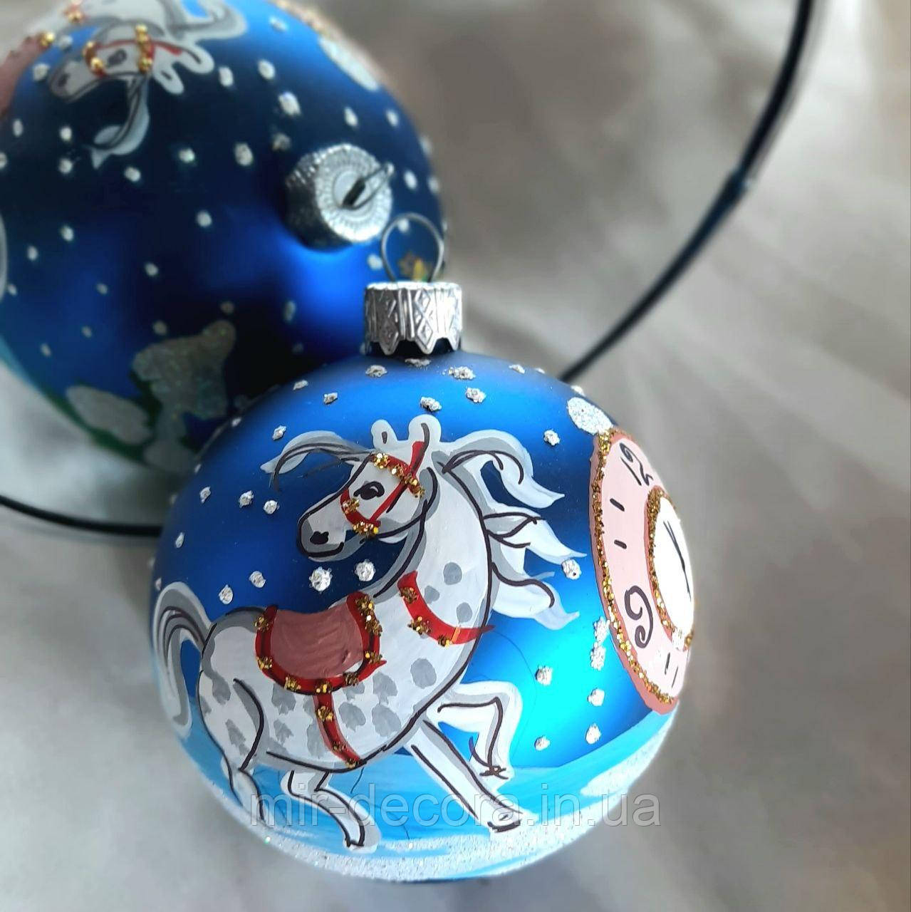 Новорічні іграшки, різдвяний шар зі скла 80 мм, символ року "Кінь з годинником", фото 1