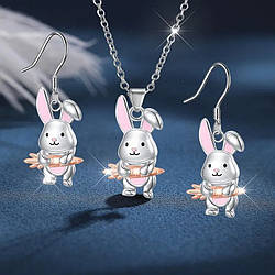 Модний набір сріблястий кулон на ланцюжку і сережки у формі зайчика з морквою для вечірки та свят